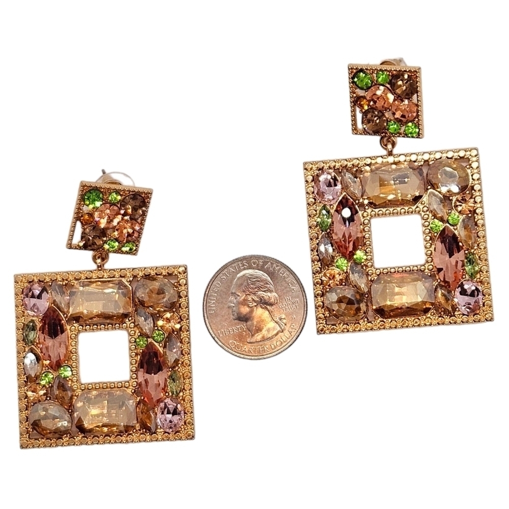 SEE NEW LISTING Golden Pastel Rhinestone Geometric Statement Earrings - Picture 5 of 12